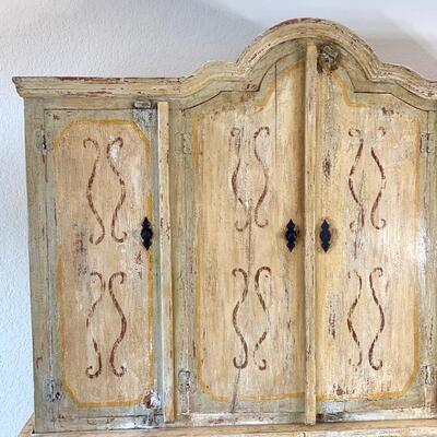 Hand painted distressed 2PC imported cabinet. Bottom piece measures 72