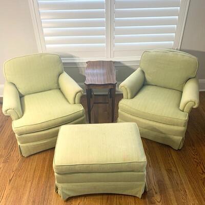 Pair of light green chairs with ottoman. Chairs and ottoman show some wear. Each chair measures 32" x 32" x 30"