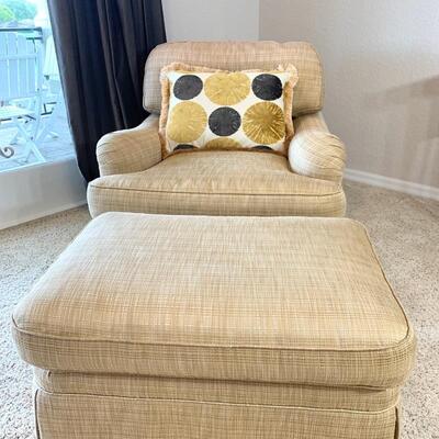 Luxury E.J. Victor plush arm chair with ottoman upholstered in a pale gold textured fabric. Chair measures 37