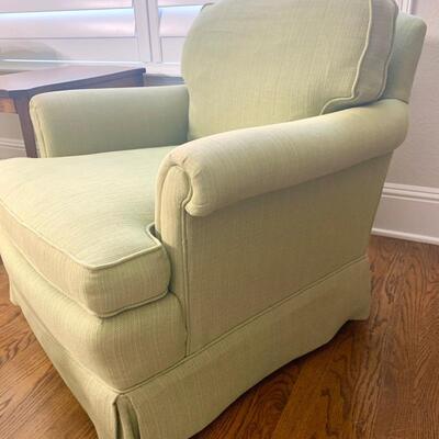 Pair of light green chairs with ottoman. Chairs and ottoman show some wear. Each chair measures 32" x 32" x 30"