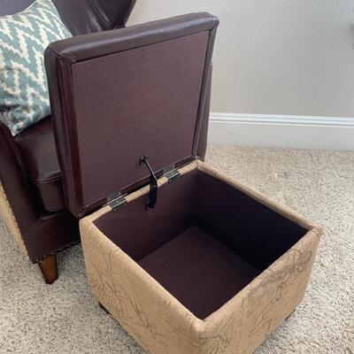 Map printed burlap and bonded leather chair and storage ottoman. Chair measures 29