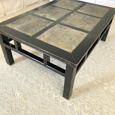 Asian influenced inlaid slate tile top coffee table measures 35.5