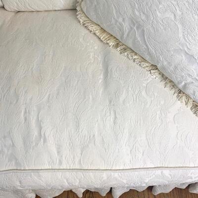 White damask sofa/loveseat measures 75" long and 37" deep