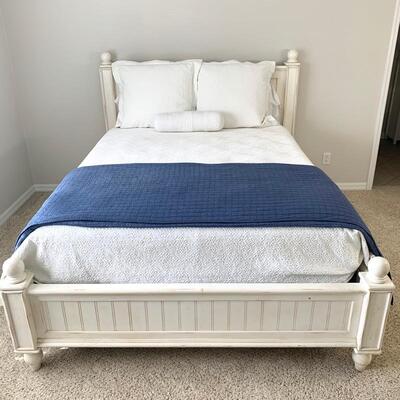 American Signature white distressed queen bed frame available with matching dresser.