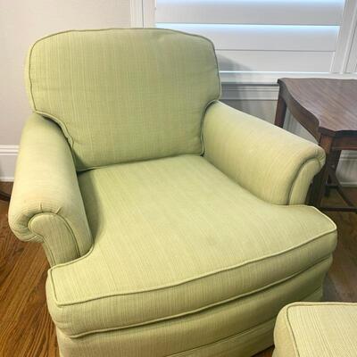 Pair of light green chairs with ottoman. Chairs and ottoman show some wear. Each chair measures 32" x 32" x 30"