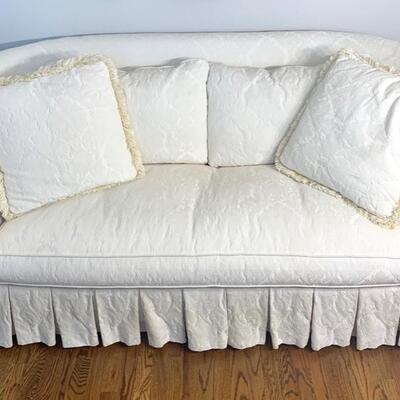 White damask sofa/loveseat measures 75" long and 37" deep