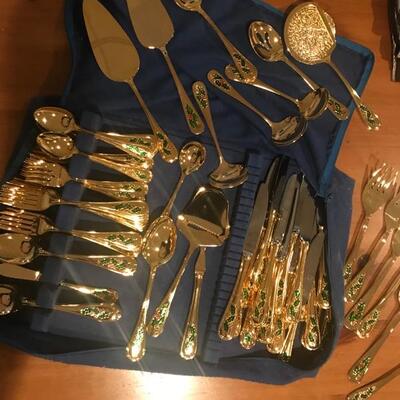 Brass & Stainless Christmas flatware. 12 place settings & serving pieces
