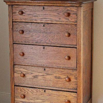Oak chest of drawers and hand-crafted wood jewelry chest.
