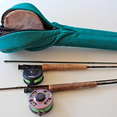 Cabela's double fly reel case, Temple Fork Outfitters graphite rod with Okuma Sierra reel, and Sage Graphite III 590RLP 9' rod with Ross...