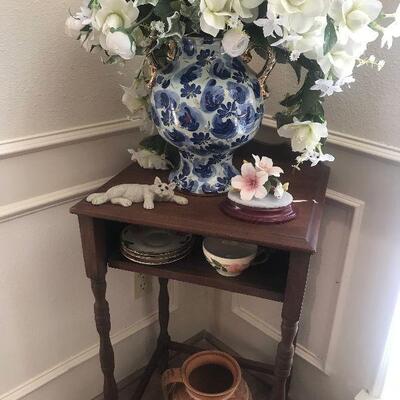 Occasional Antique End Table, Blue and White Water Pitcher