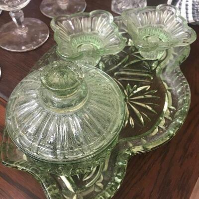 Antique Green Depression Glass Vanity Set