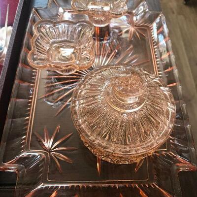 Antique Pink Depression Glass Vanity Set