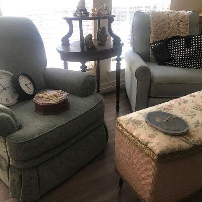 Blue, Green Fabric Recliners, Antique Wicker Blanket Chest
