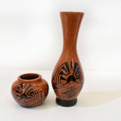 2 Small Glazed Clay Pot / Vase - E Manuel