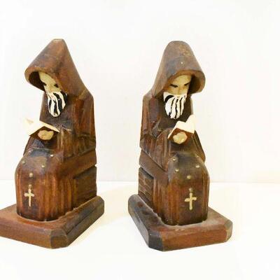 Hand Carved Wooden Monk / Friar Bookends