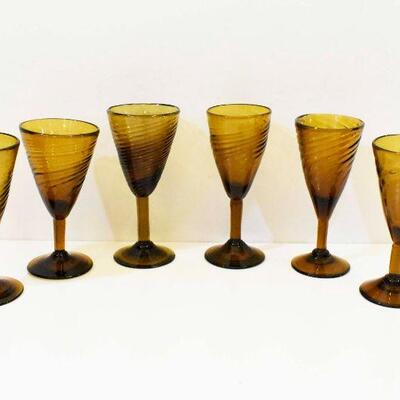6 Hand Blown Amber Glasses with Footed Stems