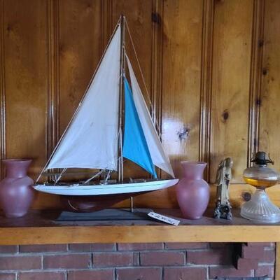 2302	

Model Sail Boat, 2 Vases, Figurine, And Oil Lamp Bases
Model Sail Boat, 2 Vases, Figurine, And Oil Lamp Bases
