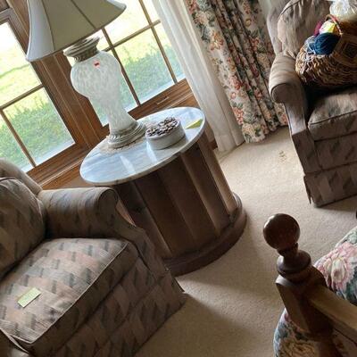 Marble top side table and a pair of arm chairs