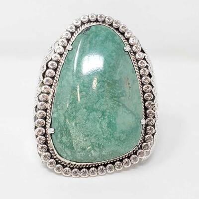 1118	

Large Native American Sterling Silver Cuff With Large Royston Turquoise Stone, 160.5g
Large Sterling and Artist Marked Statement...