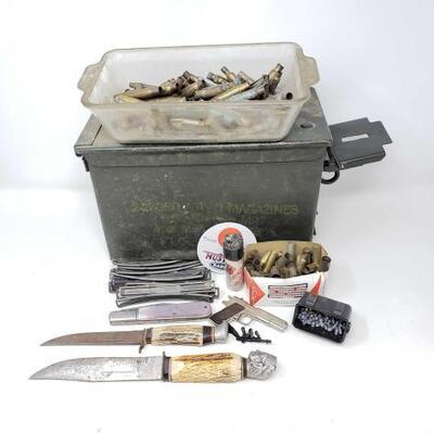 #1070 • MISC SHELLS,CLIPS, AMMO CAN, PELLETS, KNIFE, MUSTANG RANCH CLIP
