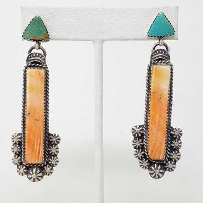 1170	

Native American Sterling Silver Dangle Earrings With Spiny Oyster And Turquoise, 22.9g
Weighs Approx 22.9g Stamped Kevin Billah