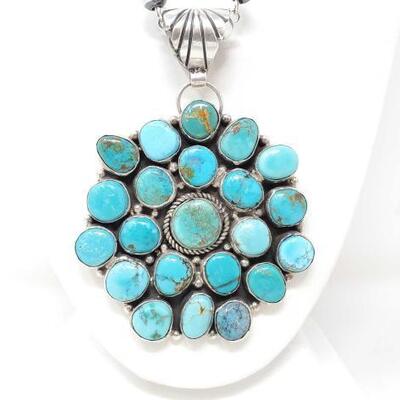 1142	

Native American Large Sterling Silver And Turquoise Pendant, 154g
Stamped By Artist Does NOT Include Beads Weighs Approx 154g...