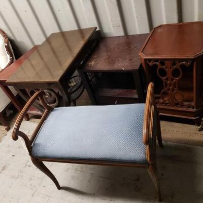 7014	

4 End Tables And Bench
End Tables Range In Size From Approx: 16" x 24" x 24" - 20" x 30" x 28" Bench...