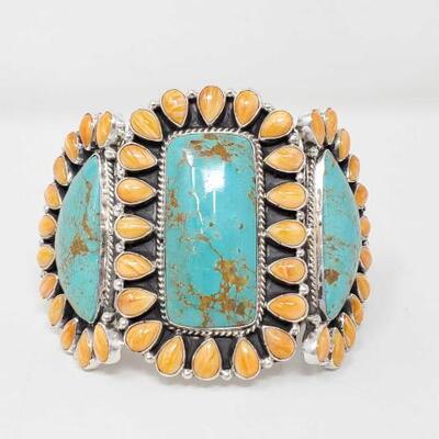 1138	

Native American G. James Large Statement Sterling Silver Cuff With Turquoise & Spiny Oyster, 161.7g
Stamped...