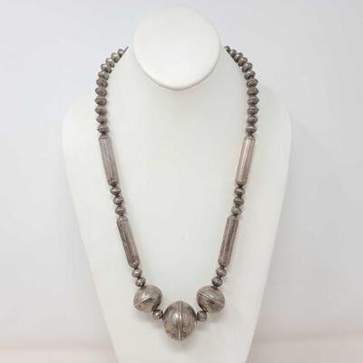 1210	

Native American Od Pawn Sterling Silver Beaded Necklace, 67.3g
Weighs Approx. 67.3g
Measures Approx. 26" "