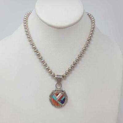 1190	

B. Jack Sterling Silver Necklace with Multi-Stone Inlay Pendent, 29.6g
Weighs approx. 29.6g
Measures Approx. 15.7
Marked my artist...