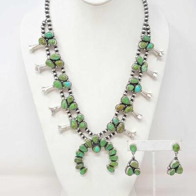 1238	

Native American B. Johnson Turquoise Squash Blossom with Matching Earrings, 162.1g
Measures Approx. 23.5" Weighs Approx....