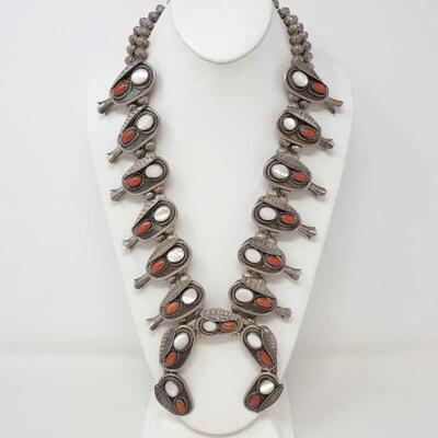 1148	

Native American Sterling Silver Squash Blossom With Coral And Mother Of Pearl, 317.8g