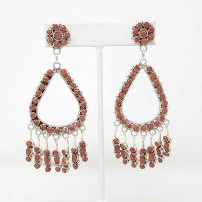 1144	

Native American Zuni Handmade Sterling Silver Tear Drop Earrings With Coral Stones
Coral Jewelry are wonderful collector pieces....