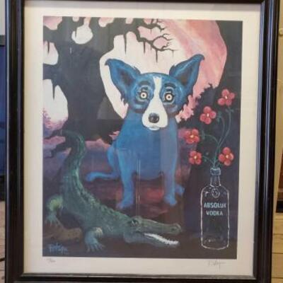 7003	

Absolut Vodka Blue Dog Print by Rodrigue
Measures approx 29" x 34"