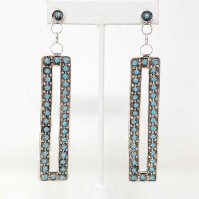 1108	

Native American Zuni Handmade Sterling Silver Large Dangle Earrings With Sleeping Beauty Turquoise
Weighs Approx 15.7g Marked...