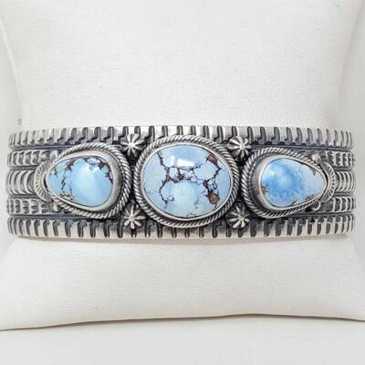 1112	

Native American June Defauto Sterling Silver Cuff With Dry Creek Turquoise Stones, 99.4
Beautiful One of a Kind Stamped Artist...