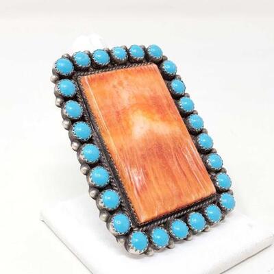 1168	

Native American Sterling Silver Large Statement Ring With Spiny Oyster And Turquoise, 36.8g
Size 9 Weighs Approx 36.8g