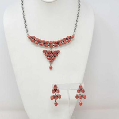 1258	

Native American Geraldine James Coral Sterling Silver Necklace with Matching Earrings, 67.3g
Measures Approx. 18.5" Weighs...