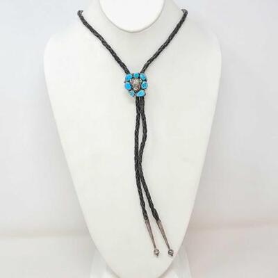 1268	

Native American Turquoise Sterling Silver Bolo Tie, 25.3g
Weighs Approx. 25.3 Measures Approx. 36" STAMPED STERLING SILVER