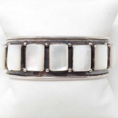 1124	

Native American Sterling Silver Cuff With Mother Of Pearl Stones, 66g
Stamped 