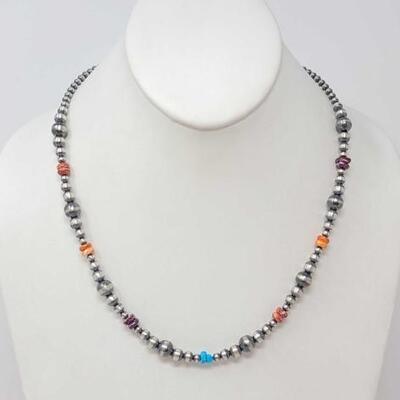 1230	

Native American Sterling Silver Beaded Necklace with Turquoise, Coral and Spiny Oyster, 19.9g