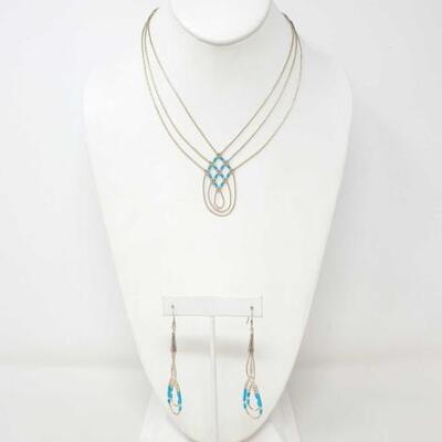 1150	

Native American Liquid Sterling Silver Necklace With Turquoise And Matching Earrings, 11g
Weighs Approx 11g Necklace Measures...