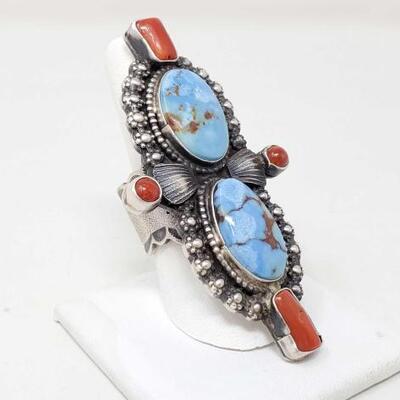 1176	

Native American Sterling Silver Ring With Coral And Turquoise, 45.6g
Size 9 Weighs Approx 45.6g