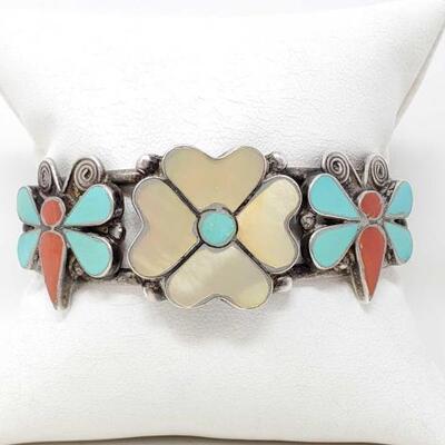 #1104 • Vintage Native American Zuni Butterfly Sterling Silver Turquoise Cuff Bracelet