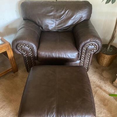 Leather Brown Studded Chair & Ottoman - Chair 36" Tall x 38" Deep x 46" Wide. Ottoman 24" x 26" x 17"...