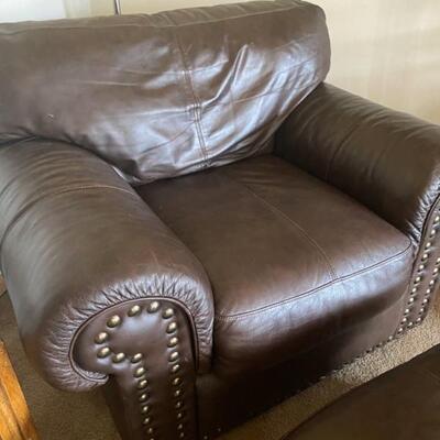 Leather Brown Studded Chair & Ottoman - Chair 36