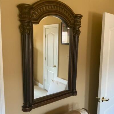 Traditional English Style Cognac Brown Mirror. Handcrafted arch wooden mirror with bevel finish.