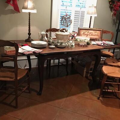 Antique French farm table with set of 6 rush bottom chairs $795
51 X 34 X 28 1/2