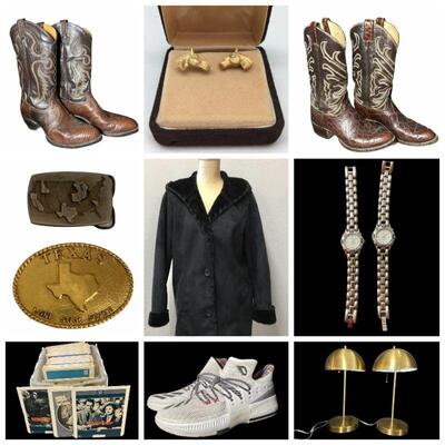 Leather Cowboy Boots, 14 KT Gold Horse Head Cufflinks, Victrola Consolette Talking Machine, XL Sentry Safe, Bing & Grondahl Serving Set,...