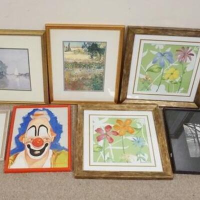 1310	7 PIECE LOT FRAMED ARTWORK, IMPRESSIONIST, FLORAL, CLOWN, ETC, BLACK & WHITE PHOTO IS 20 3/4 IN X 16 3/4 IN INCLUDING FRAME
